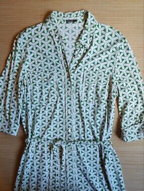 J Mcglaghlin Shirt Dress Geometric Print Buttons Front White Green Belted Size M